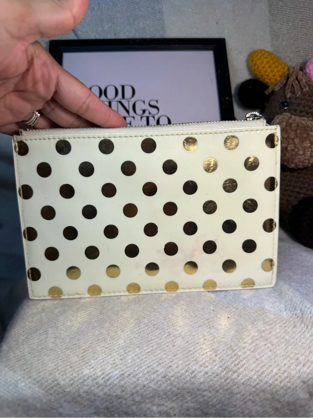 kate spade cream clutch with metallic gold polka dots